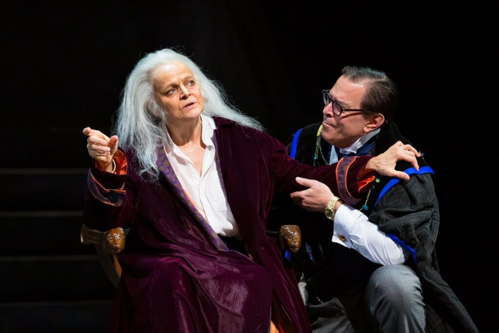 Ellen McLaughlin as John of Gaunt and Brik Berkes as York in the Colorado Shakespeare Festival's 'Richard II' (Jennifer Koskinen)