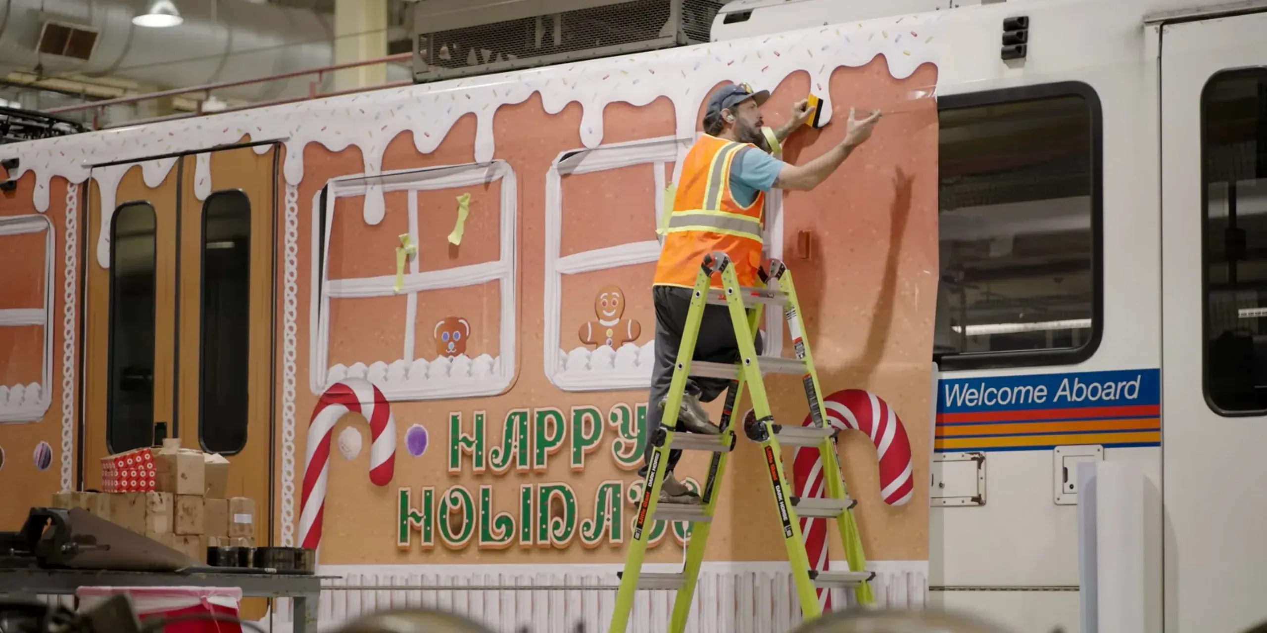 Denver RTD buses, trains decorated as gingerbread houses for the holidays