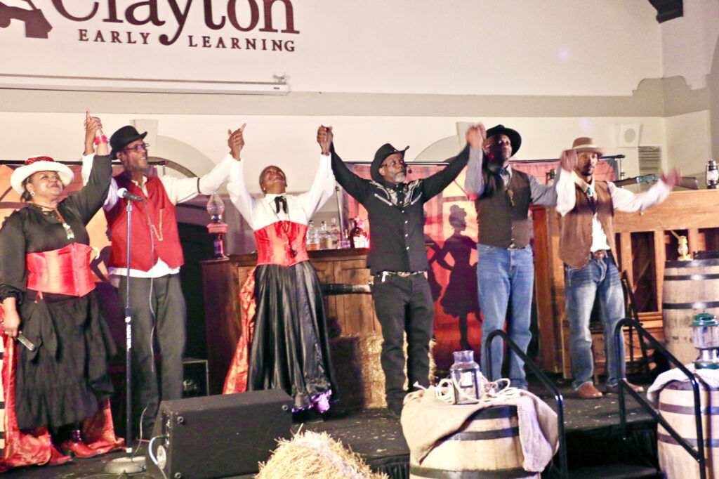 Performers and musicians from ‘Jedidiah Blackstone, from left: Merrian “MJ” Johnson, DJ Mu$a, Erica Brown, Jeff Campbell, DeAndre Carroll and Lino Dupa. Photo taken Sept. 28, 2025, at the Clayton Early Learning Center. (John Moore, The Denver Gazette) 