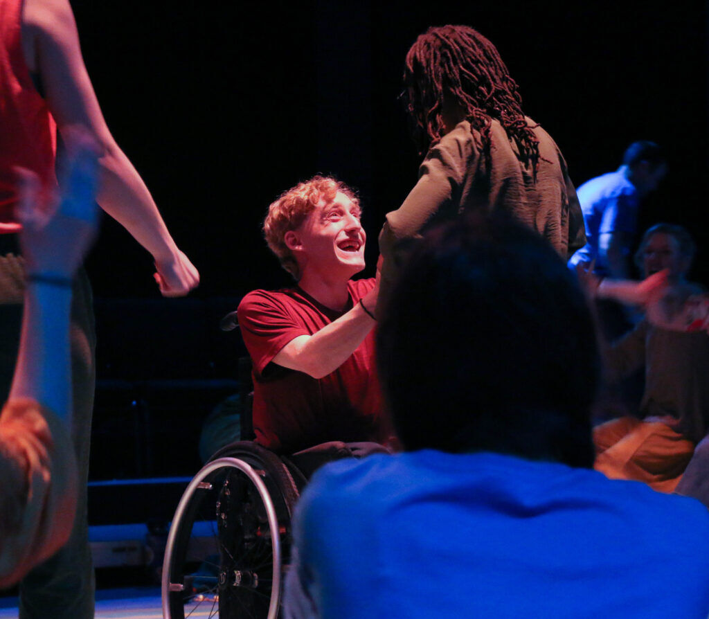 Casey Myers and Kennedy Isaac are members of the disability-affirmative Phamaly Theatre Company who serveD as facilitators to audience members with cognitive disabilities at 'Pericles.' Photo taken on May 10, 2025, at CU-Boulder (JOHN MOORE, DENVER GAZETTE)
