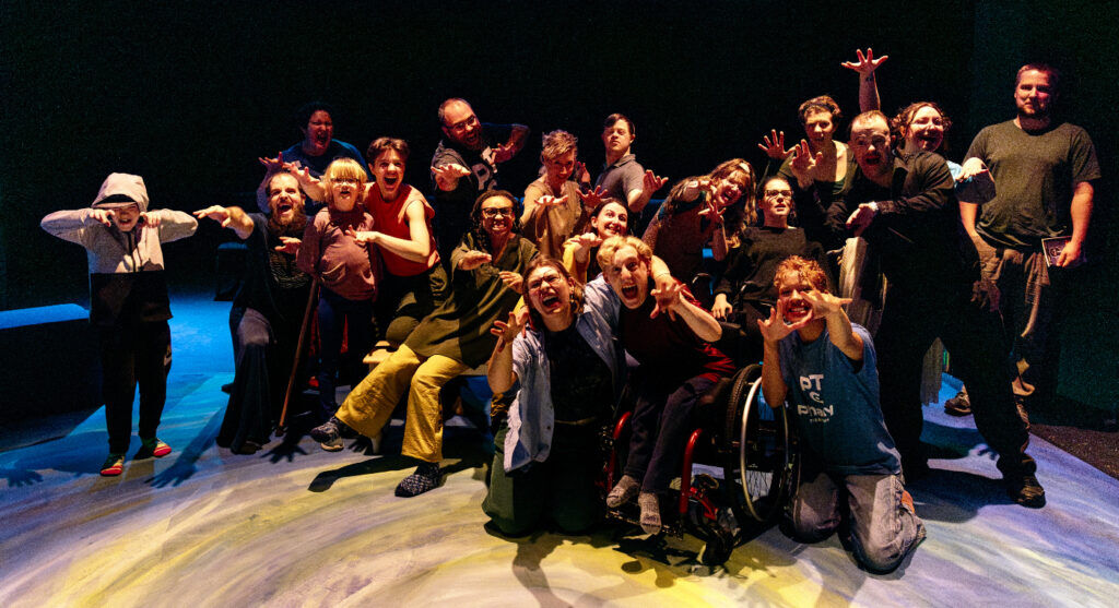 The permanent cast of Phamaly Theatre Company's 'Pericles' are joined by one-time participating audience members and their families after the May 10 performance in the Loft Theatre on the University of Colorado Boulder campus. (RDG PHOTOGRAPHY)
