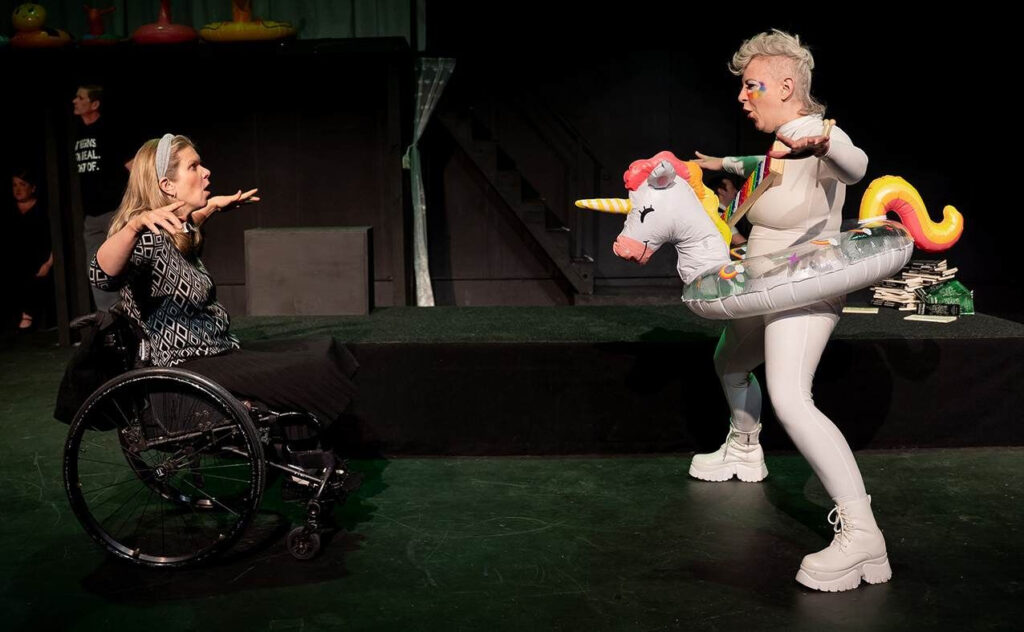 Regan Linton, left, and Erin Rollman square off in Buntport Theater's original production of 'The Menagerist.' (Gail Bransteitter)