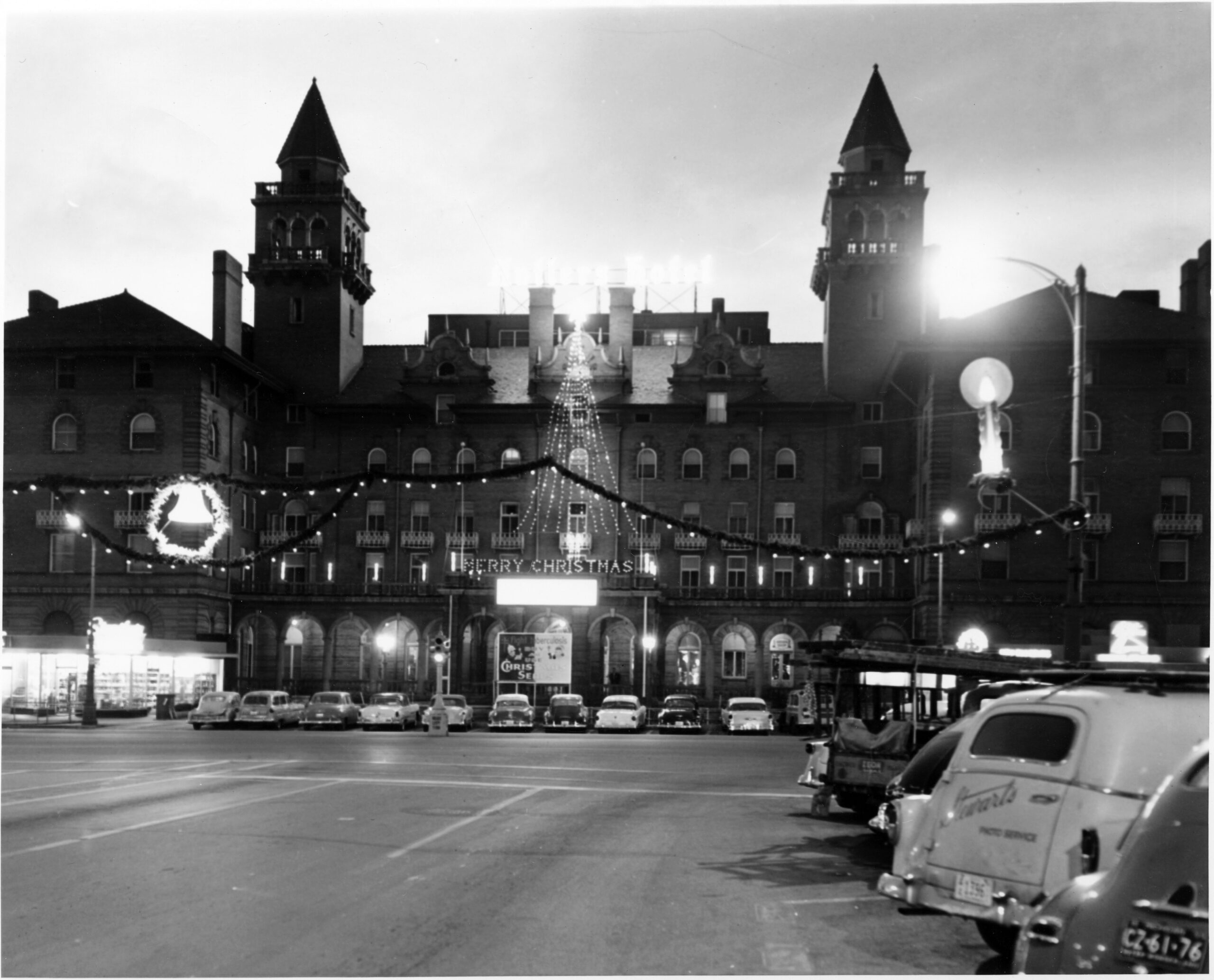 The Antlers Hotel, decorated for the Christmas holiday, is seen in this December 1955 photograph. The Antlers opened in June 1883; it was built by city founder Gen. William Jackson Palmer and so named because it housed his extensive collection of deer and elk trophies. A history on the hotel’s website notes that the original hotel had modern conveniences such as a hydraulic elevator, central steam heat and gas lights. The Antlers was destroyed by fire in 1898, rebuilt and reopened in 1901. It remained in operation until 1964, when it was torn down and rebuilt, reopening on March 20, 1967. It is now The Antlers, A Wyndham Hotel.
