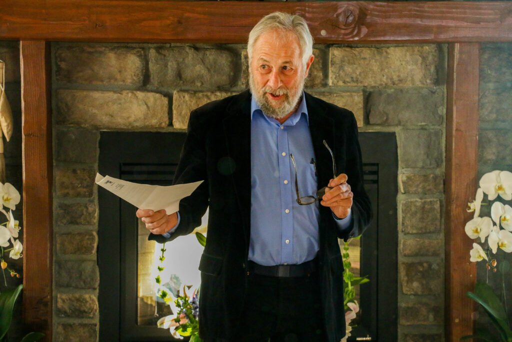 Author John Calderazzo speaks at the wedding of Wendy Ishii, left, and Deb 'Bo' Dimon on Jan. 4, 2026, in Laporte. (John Moore, Denver Gazette)