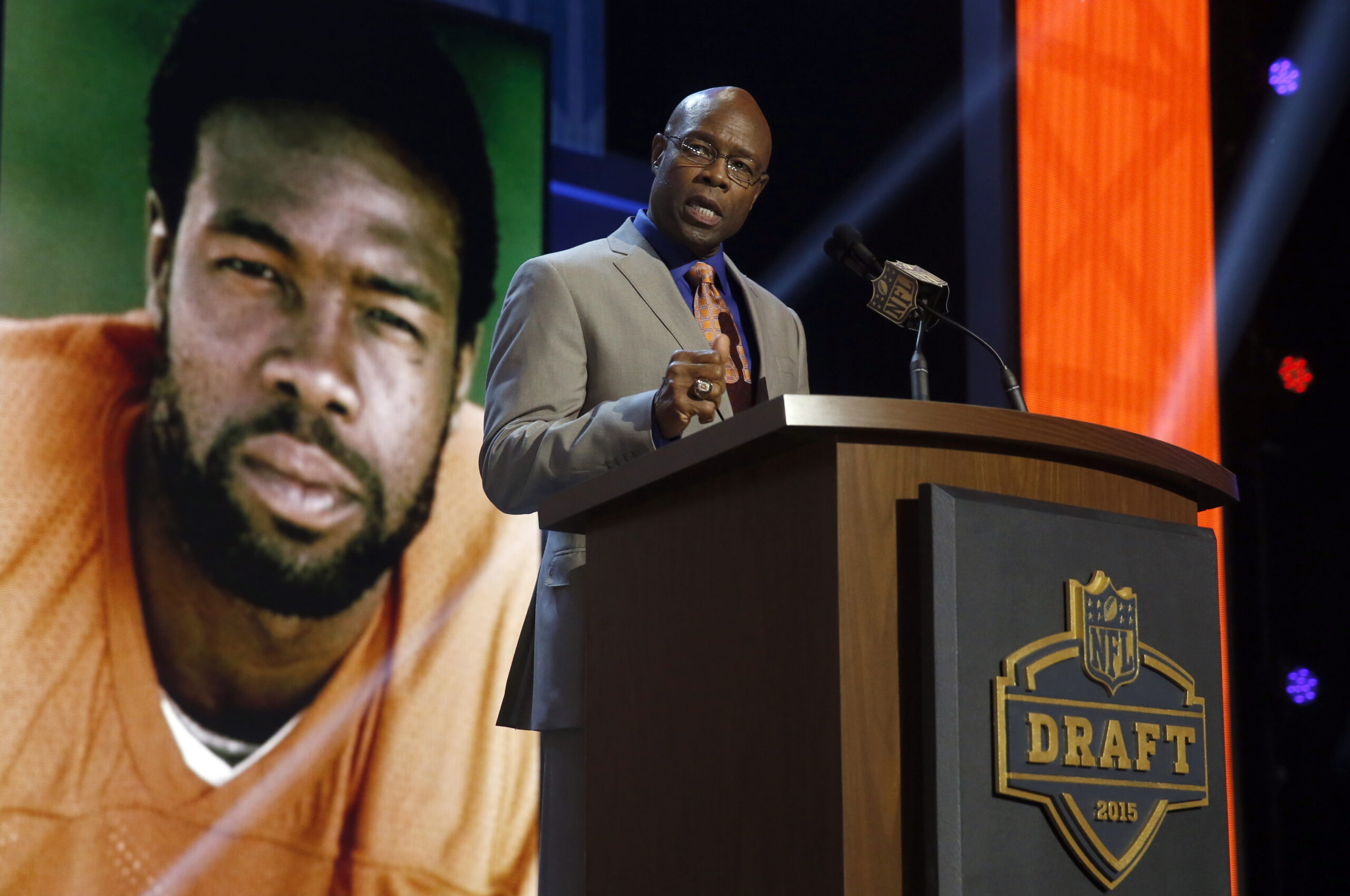 Former Denver Broncos player Rick Upchurch announces that the Denver Broncos selects Colorado State offensive lineman Ty Sambrailo as the 59th pick in the second round of the 2015 NFL Football Draft, Friday, May 1, 2015, in Chicago. (AP Photo/Charles Rex Arbogast) (Charles Rex Arbogast/AP)