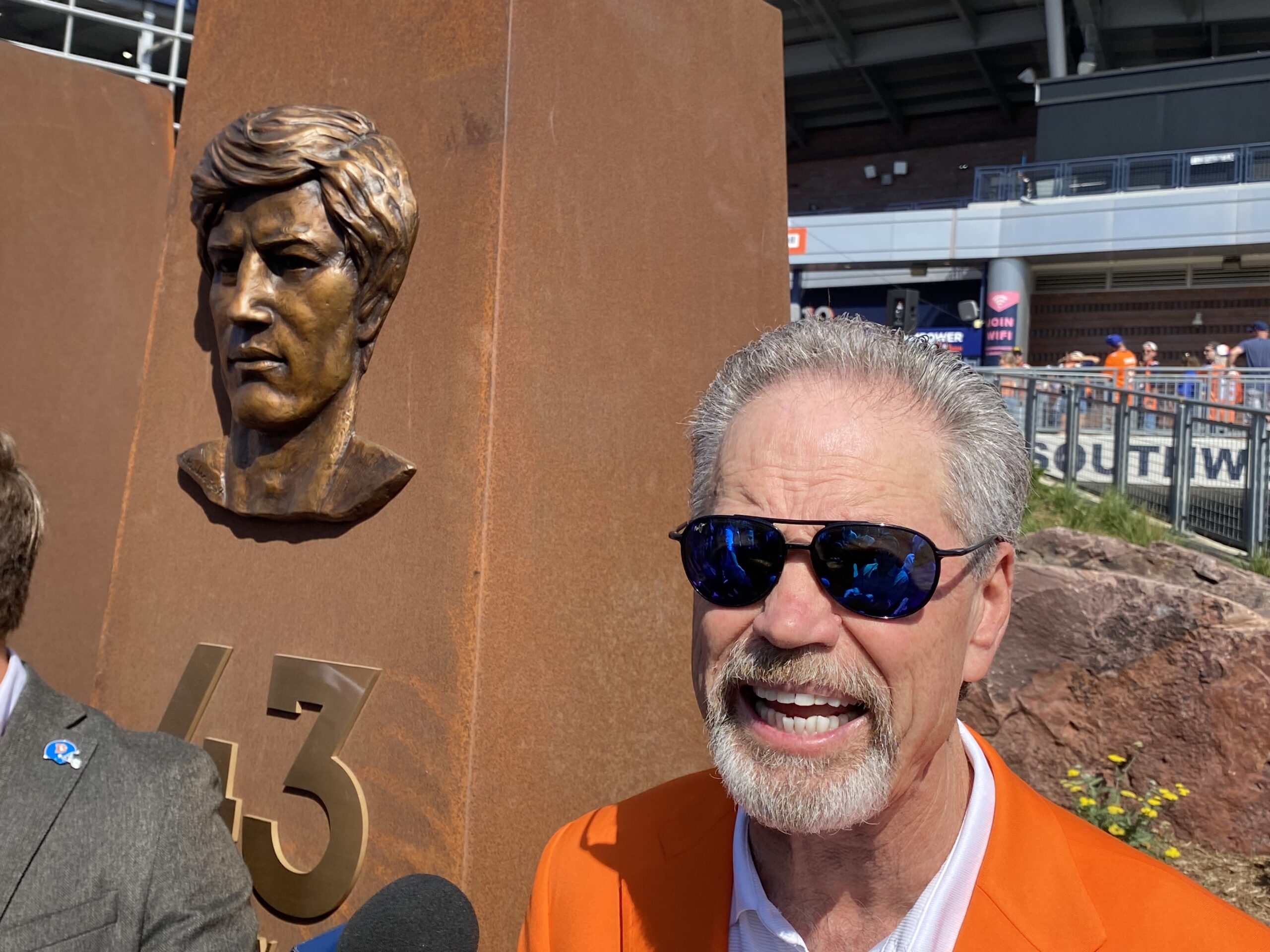 Broncos great Steve Foley, who still holds the team's interceptions record, is shown at his Ring of Fame bust outside Empower Field at Mile High on Oct. 6, 2024. (Chris Tomasson, The Denver Gazette) (Chris Tomasson, The Denver Gazette)