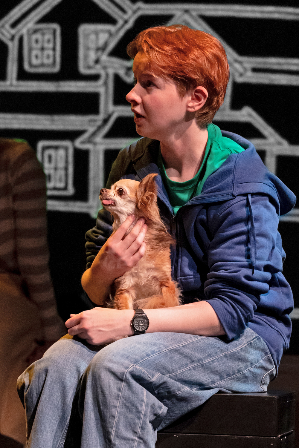 River Hetzel, as Christopher, holds Titus in the climactic scene of the Aurora Fox's 'The Curious Incident of the Fog in the Night-Time.' (RDG PHOTOGRAPHY)
