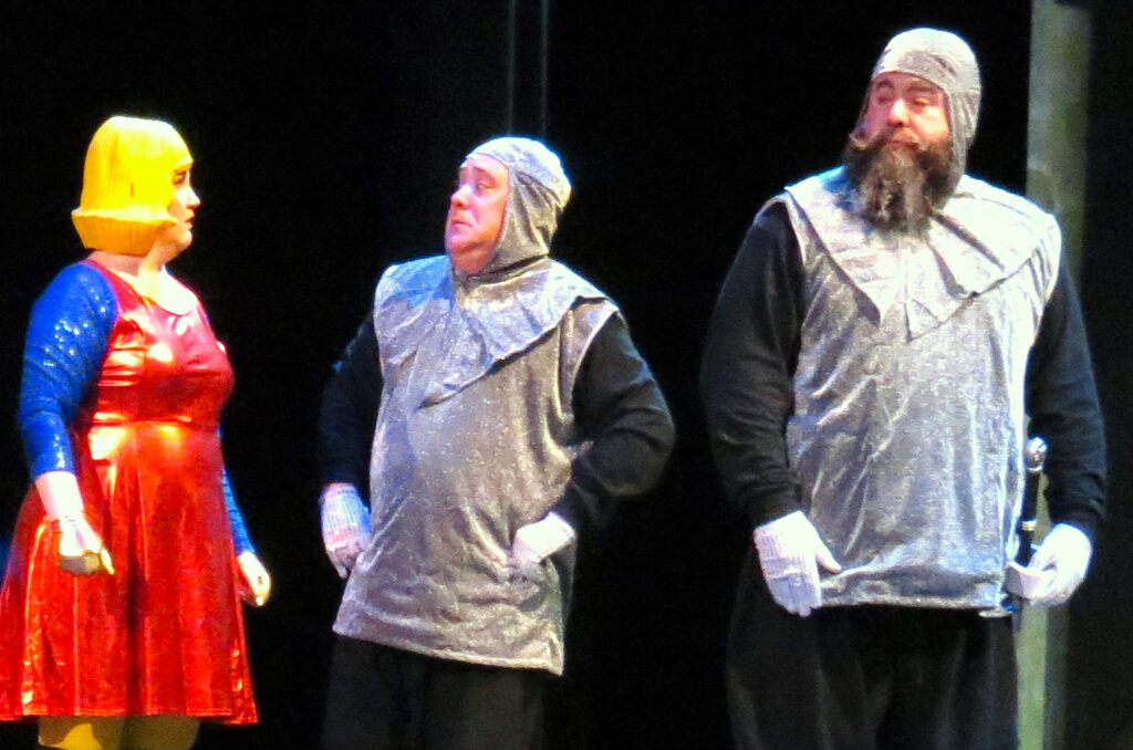 Meg Willis, Bryan Plummer and former Parker Mayor Mike Waid in 'Shrek,' a co-production of Parker Arts and Sasquatch Productions. (Photo by Becky Toma)