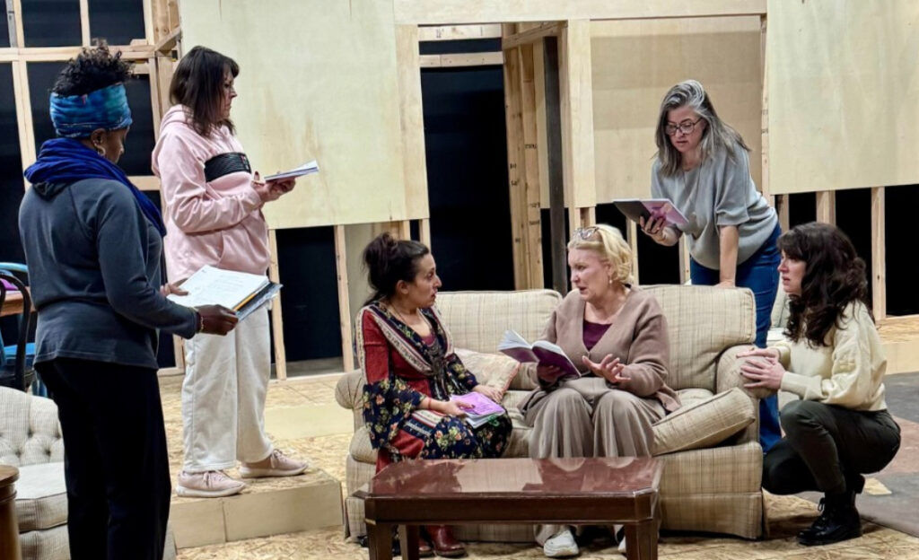 From left: Sheryl McCallum, Annie Dwyer, Dana Hart Wright, Emma Messenger, Adrian Egolf and Candace Orrino in rehearsal for Miners Alley's all-star "The Female Odd Couple."