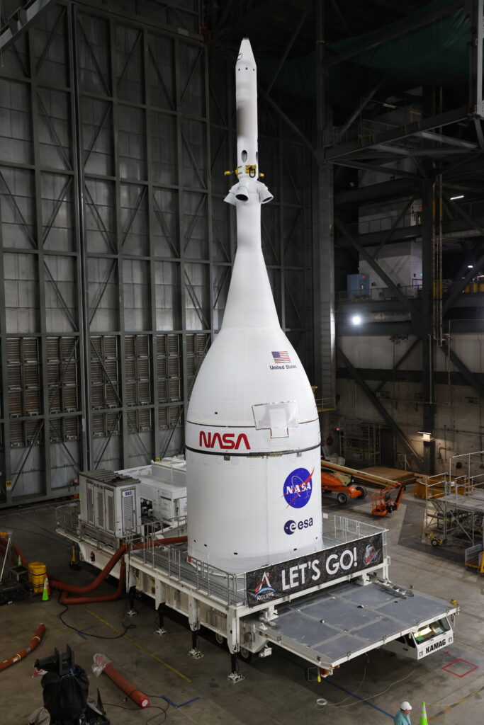 The Orion Capsule, designed by Lockheed Martin in Colorado and built in Florida, is mated to its launch faring. 