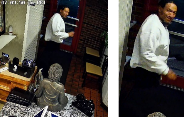 Surveillance photos of a man exiting a restaurant
