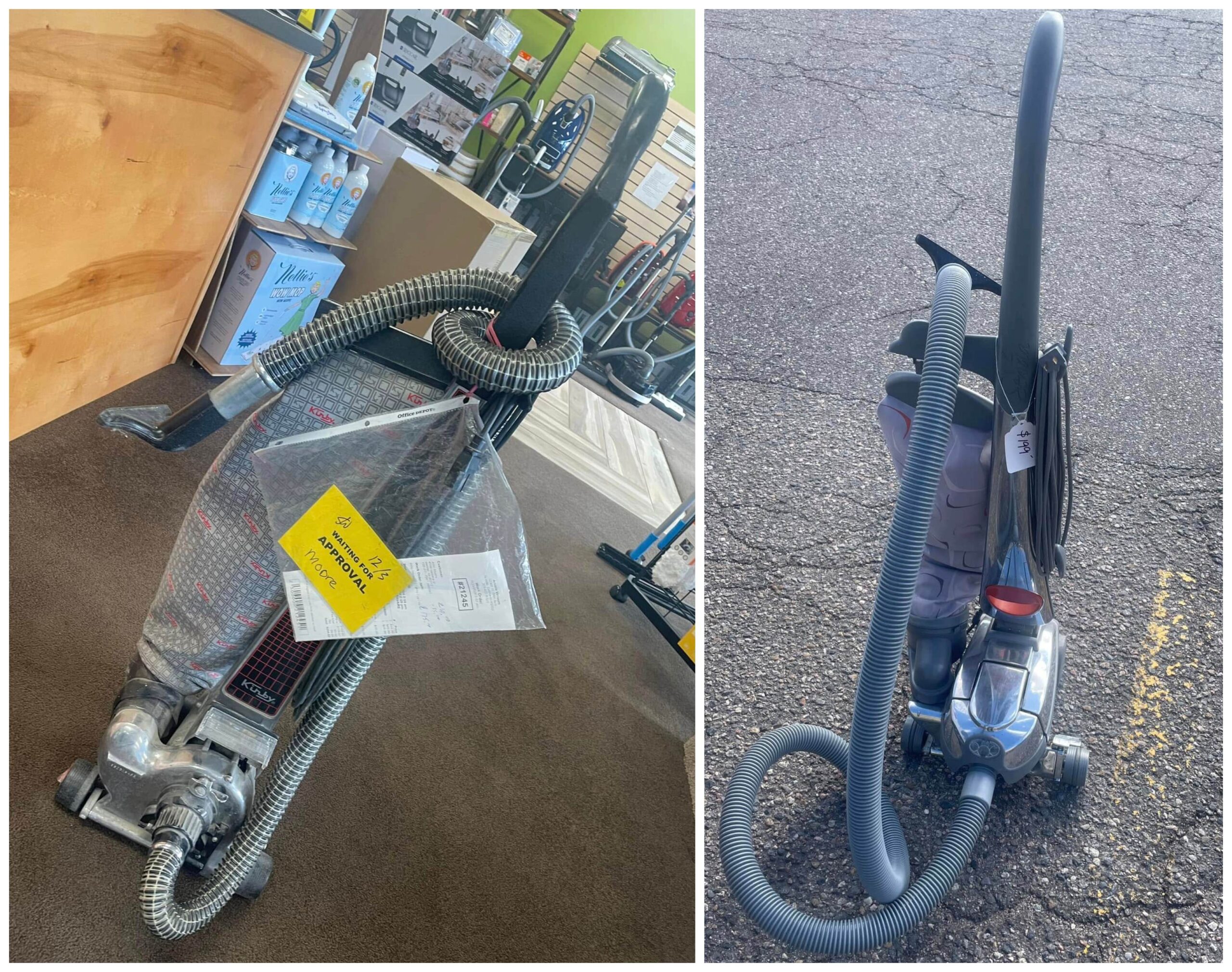 The Kirby Heritage II John Moore bought from a high-school friend in the 1980s, left, and a newly rebuilt model from Arvada Vacuum. (JOHN MOORE/DENVER GAZETTE)