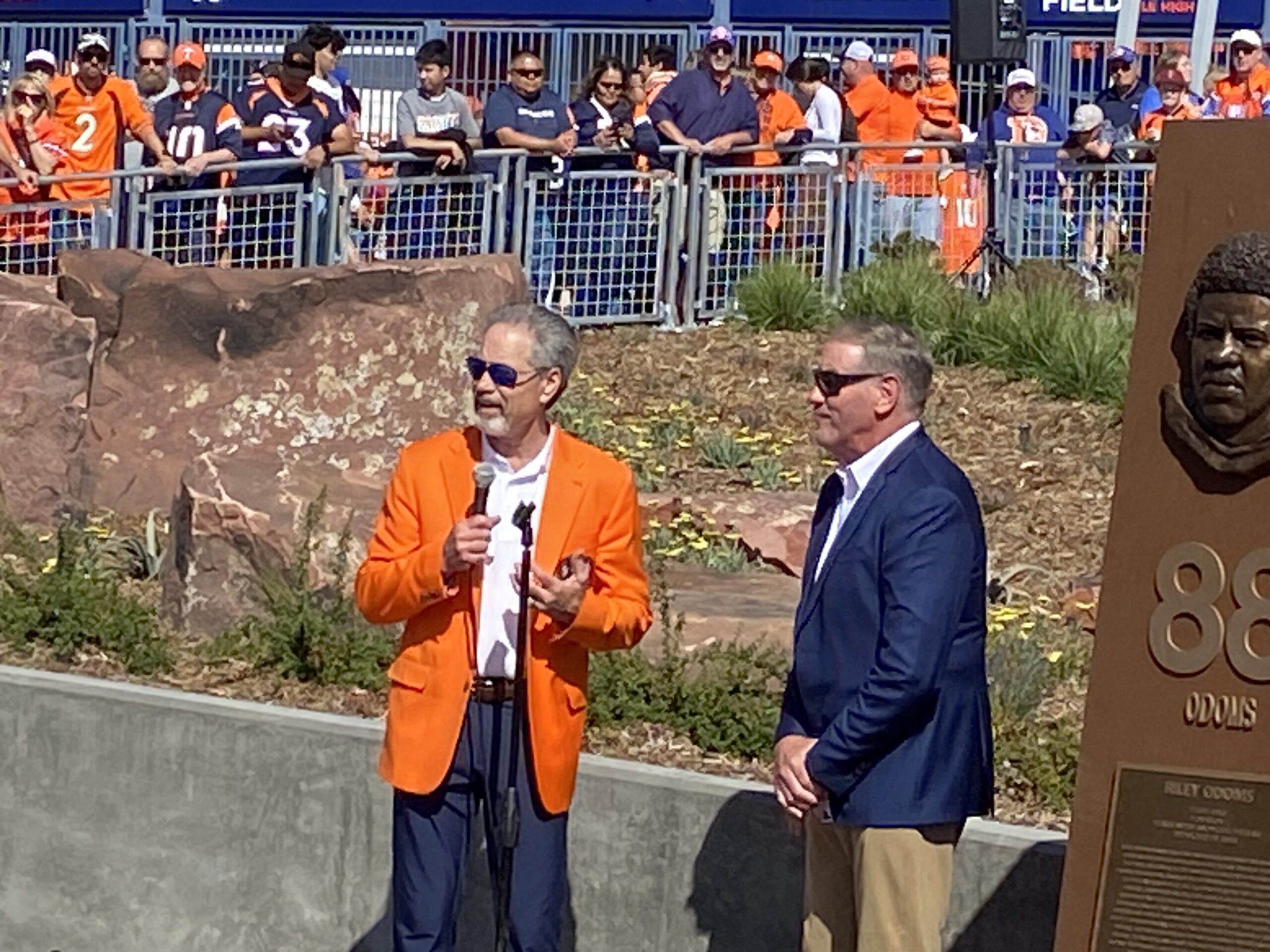 Broncos great Steve Foley, who still holds the team's interceptions record, is shown at his Ring of Fame bust outside Empower Field at Mile High on Oct. 6, 2024. (Chris Tomasson, The Denver Gazette) (Chris Tomasson, The Denver Gazette)