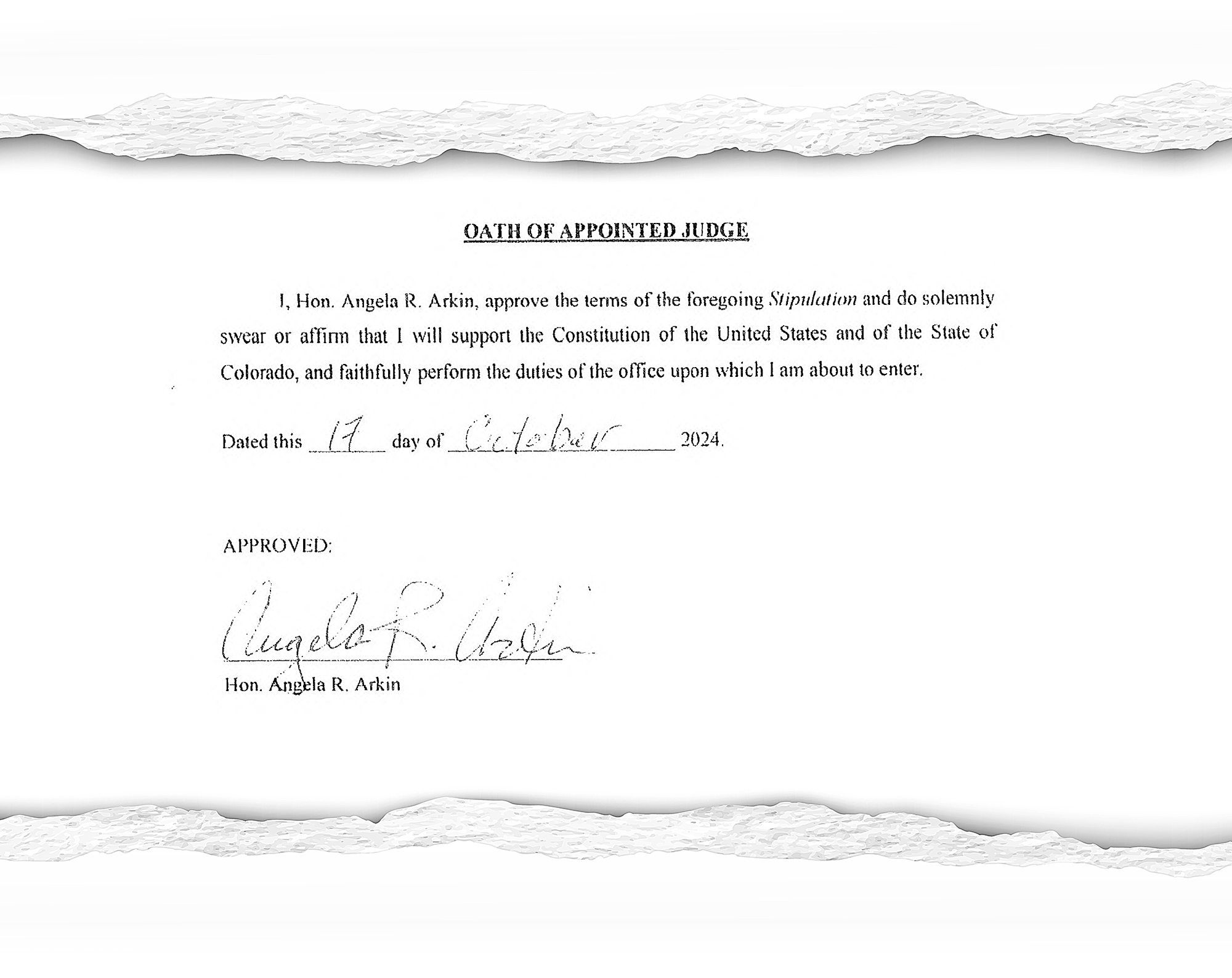 Judge Angela Arkin promises to be bound by in October 2024 to the Code of Conduct, which prohibits campaign contributions. Second is her signature to be bound by that stipulation. In an interview she told The Denver Gazette she wasn't aware she couldn't make contributions while serving as an appointed judge.