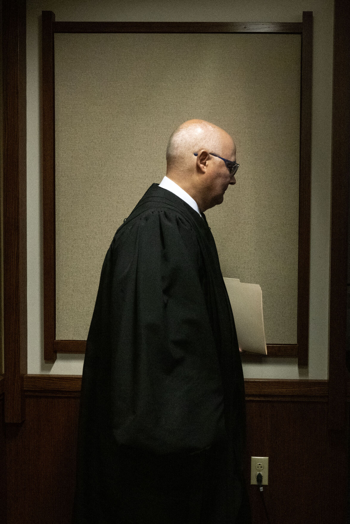 Colorado Supreme Court Justice Brian D. Boatright, who served as chief justice from 2021 to 2024, walks to the bench as the court prepares to hear oral arguments at the Wolf Law building at the University of Colorado Boulder as part of a Courts in the Community event on Thursday, Oct. 24. In the six years of data reviewed by The Denver Gazette, a chief justice has not denied any of the 177 requests to appoint a private judge. (Stephen Swofford, Denver Gazette) (Stephen Swofford, the Denver Gazette)
