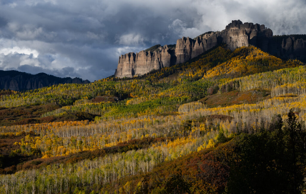 The evening light shines on Cimarron Ridge South near Owl Creek Pass Monday, Sept. 29, 2025, outside Ridgway, Colo. (The Gazette, Christian Murdock)