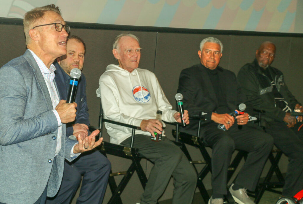 Vic Lombardi leads a conversation after a screening of ‘Soul Power’ Feb. 18, 2026, at the Sie FilmCenter with, from left, producer Brett Goldberg, coach George Karl and players Chuck Williams and Ralph Simpson. (John Moore, The Denver Gazette)