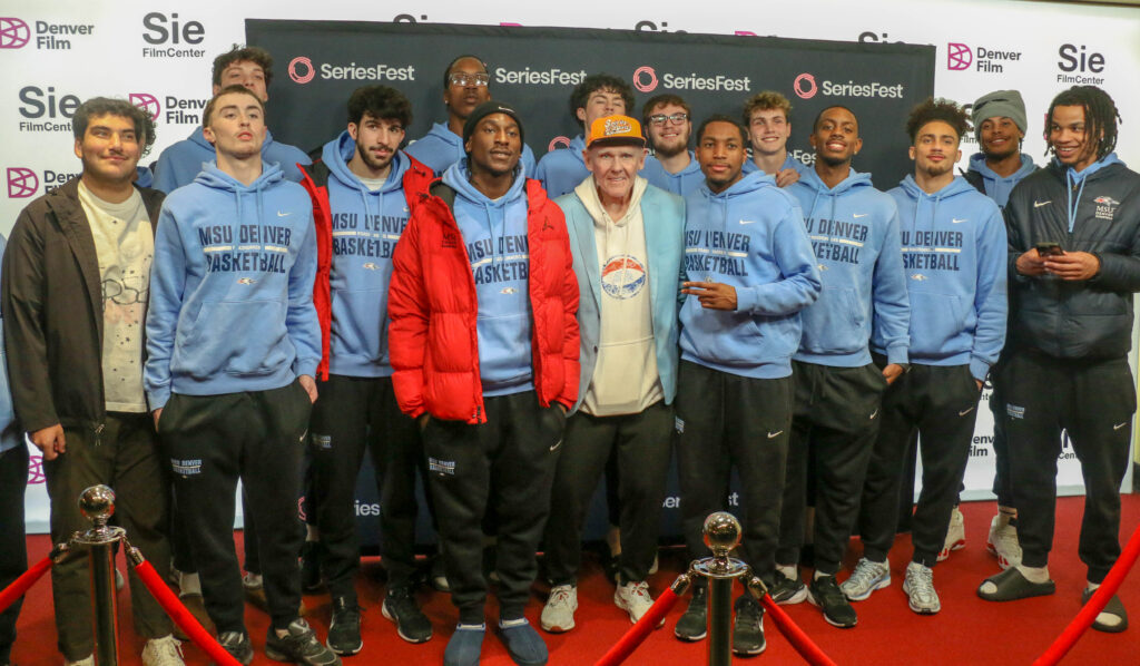 The Metropolitan State University Denver men's basketball team attended a screening of ‘Soul Power’ at the Sie FilmCenter as guests of the Denver Nuggets. They are shown with producer and former Nuggets coach George Karl. (John Moore, The Denver Gazette)
