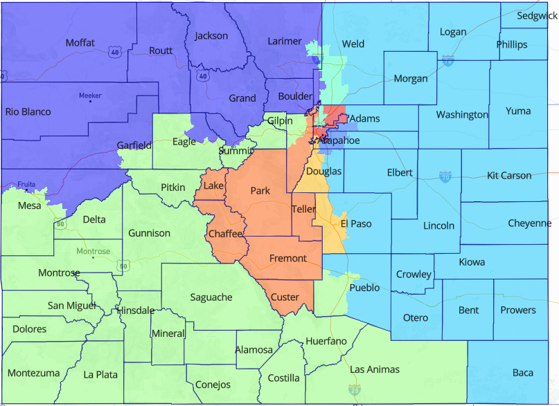 A congressional map outlined with counties