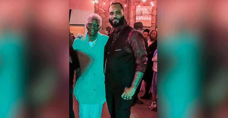 Corrye Brewer, 97, and her grandson, Jermaine Gilbert, pose for a picture during Gilbert's wedding. Gilbert said his grandmother was his "guiding light," often being the person he would go to for advice. (Courtesy of Jermaine Gilbert).