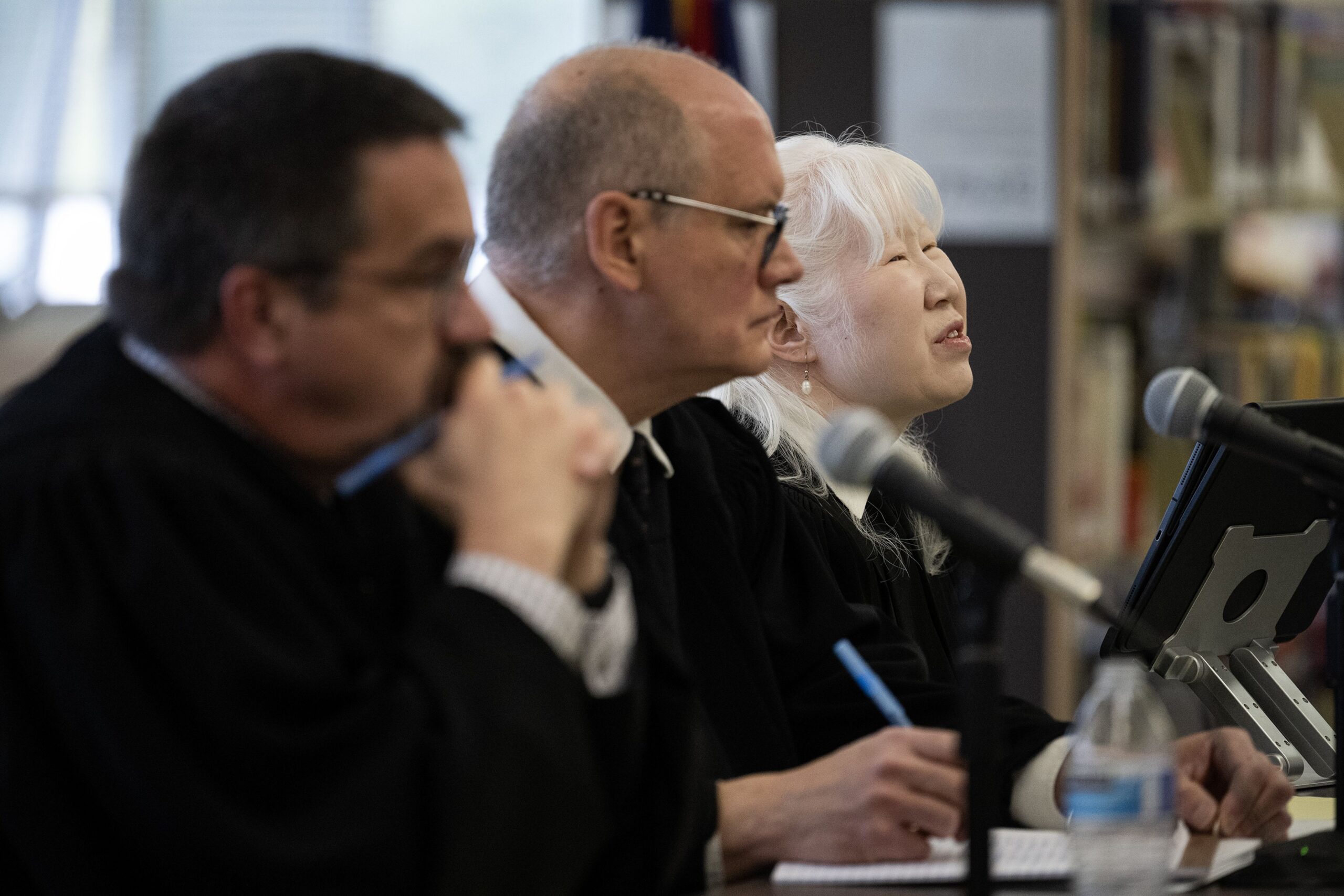 Colorado Court of Appeals judge Sueanna P. Johnson, right, asks a question during oral arguments in the second of two Colorado Court of Appeals cases being held in the library of Conifer Senior High School as part of the Courts in the Community educational outreach program on May 16, 2023 in Conifer. Timothy Hurst, The Gazette.