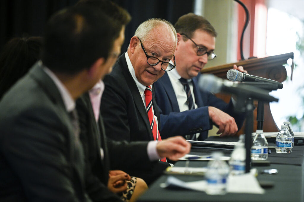 U.S. Court of Appeals for the 10th Circuit Judge Timothy M. Tymkovich answers a question during a panel discussion on the rule of law beyond politics at the Sturm College of Law in Denver on Wednesday, Oct. 29, 2025. (Stephen Swofford, Denver Gazette)