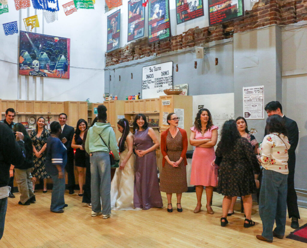 The cast gathers in the lobby to greet departing audience members following a performance of 'Just Like Us' at Su Teatro on March 19, 2026. (John Moore/The Denver Gazette)