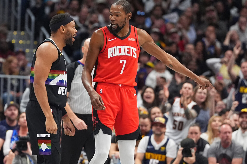 Rockets forward Kevin Durant and Nuggets guard Bruce Brown.