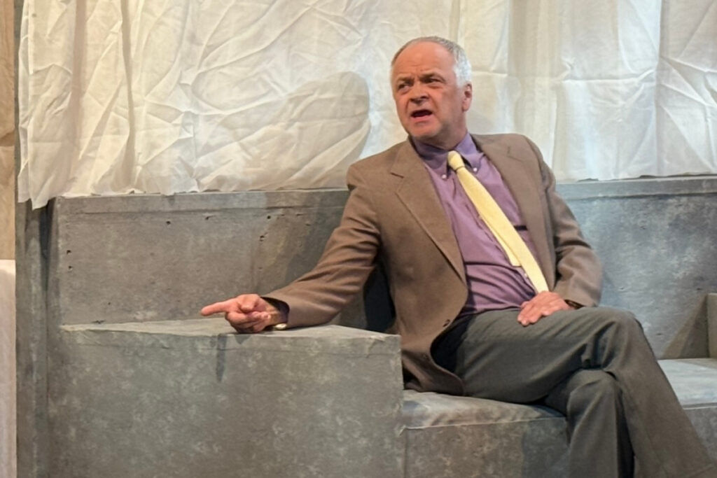 Andrew Uhlenhopp as Roy Cohn in rehearsal for Vintage Theatre's 2026 staging of 'Angels in America,' which it last staged in 2010. (Meghan Ralph)