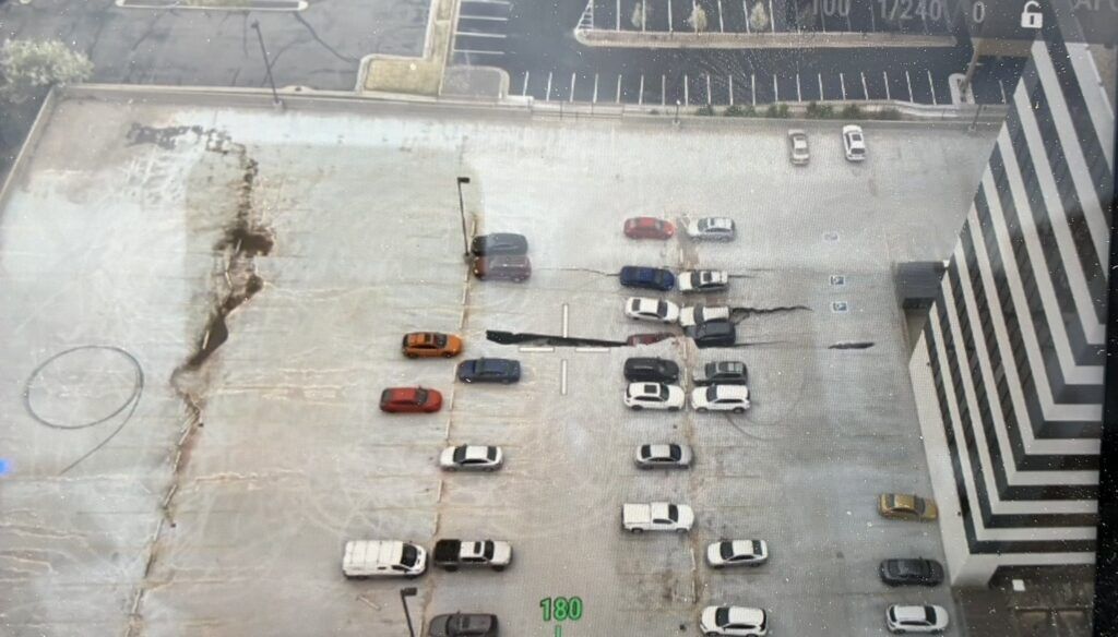 A drone photo of the top of a garage