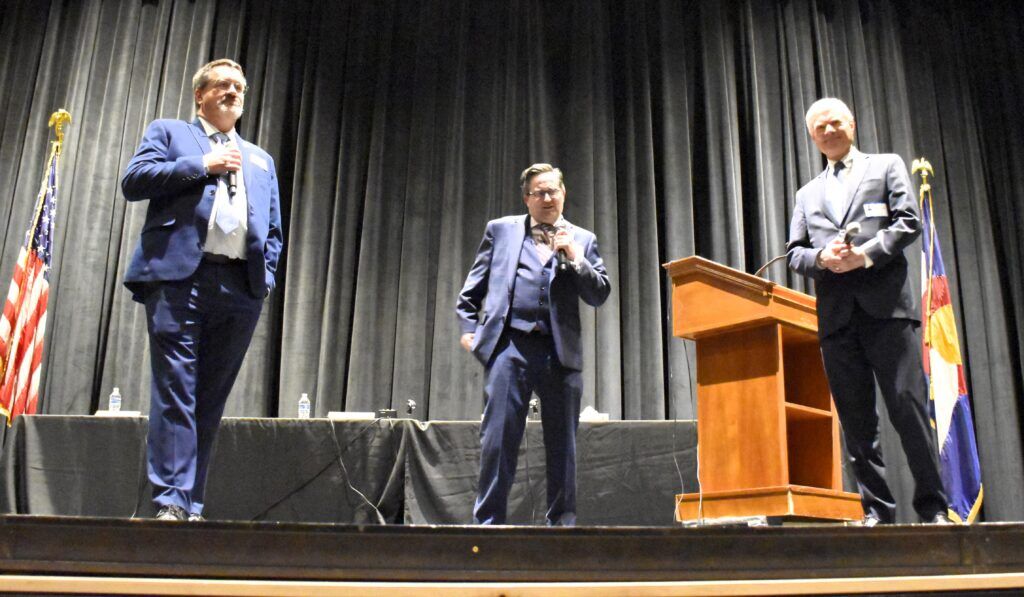 From left to right, Colorado Court of Appeals Judges Ted C. Tow III, Craig R. Welling and Lino S. Lipinsky de Orlov answer student questions Tuesday, Feb. 24, 2026 at Fairview High School in Boulder as part of the Colorado Judicial Department’s Courts in the Community outreach program. Amy Bounds, pool via Prairie Mountain Media.