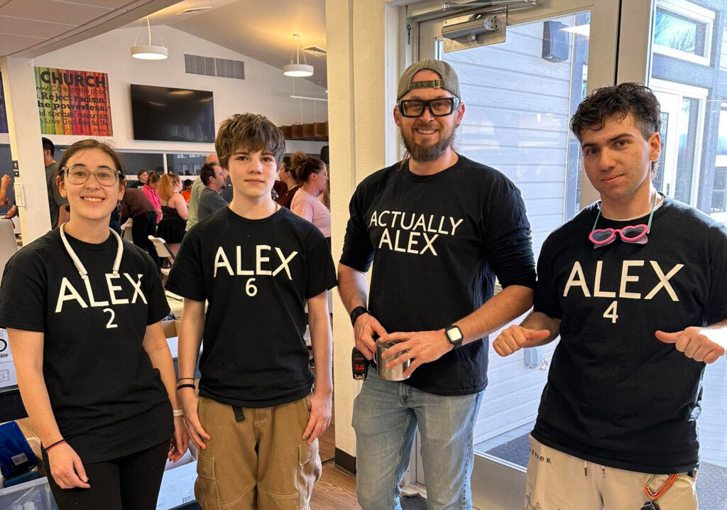 Because the forst name of the technical director for Magic Moments is Alex, everyone on the running crew is assigned a T-Shirt that calls them an Alex. (Provided by Magic Moments)