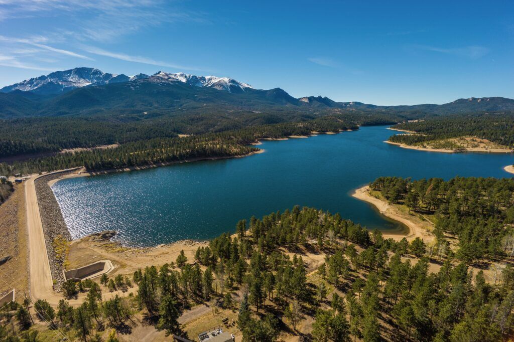 Pikes Peak looms over the North Slope Recreation Area, encompassing Crystal Creek, North Catamount and South Catamount reservoirs. Photo courtesy Colorado Springs Utilities
