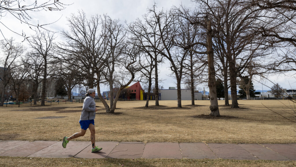 a jogger running through a park
