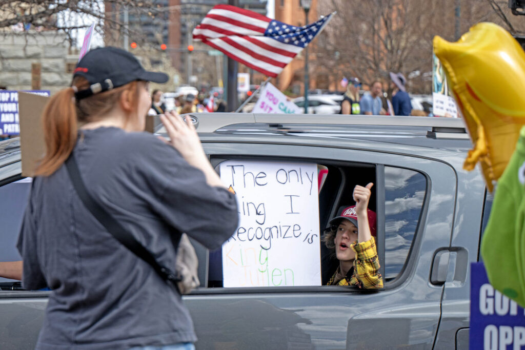Traffic shows their support for the No Kings rally on Nevada Avenue in Colorado Springs on Saturday, March 28, 2026. (The Gazette, Michael G. Seamans)