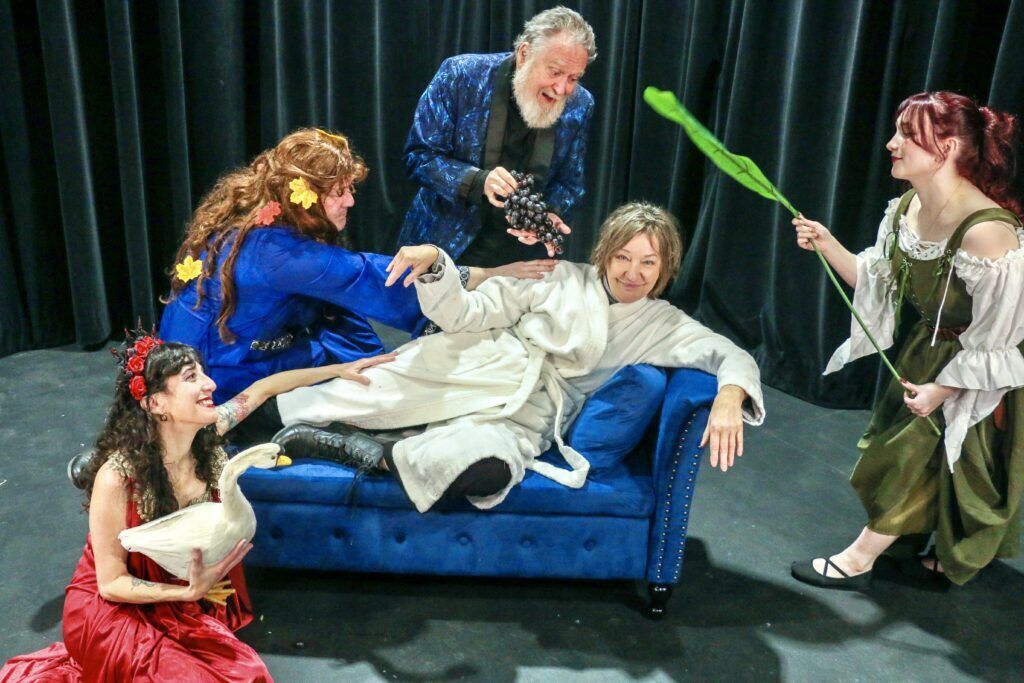 The cast of the world-premiere play 'Fierce Satire and Mediocre Sex,' running Feb. 13-28 at the Buntport Theater, clockwise from lower left: Meredith Young, Jeff Jesmer, Chris Kendall, Sophia Badia and playwright (and actor) Edith Weiss on couch. (John Moore, The Denver Gazette)