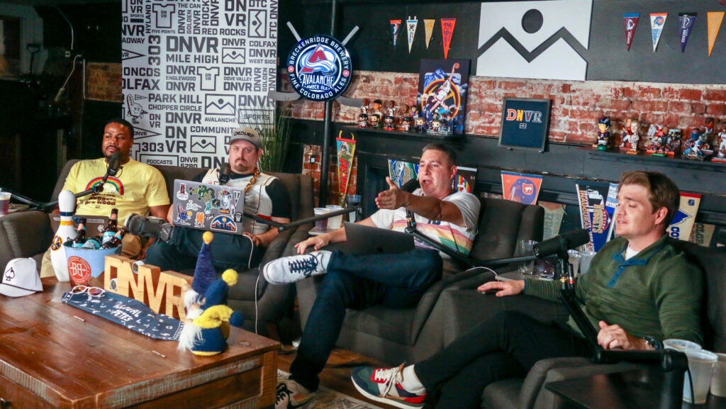 The hosts of the DNVR Nuggets podcast record their historic podcast at the DNVR bar on June 12, 2023, moments after the team clinched its first NBA Finals championship. (John Moore/Denver Gazette)