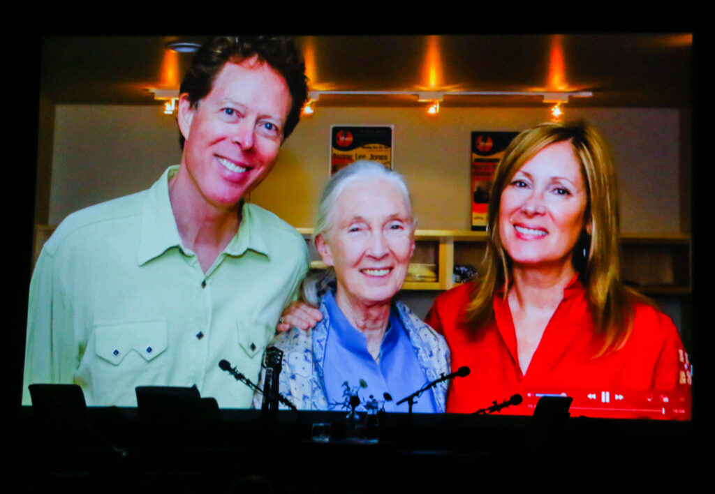 Nick and Helen Forster with Jane Goodall, center, in a photo retrospective looking back at 35 years of eTown at Boulder's eTown Hall on April 22, 2026. (John Moore/Denver Gazette)