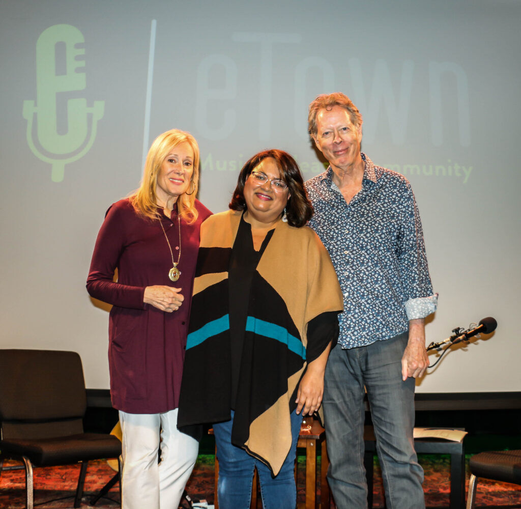 Helen Forster, NPR's Lakshmi Singh and Nick Forster at the 35th anniversary celebration of eTown at Boulder's eTown Hall on April 22, 2026. (John Moore/Denver Gazette)