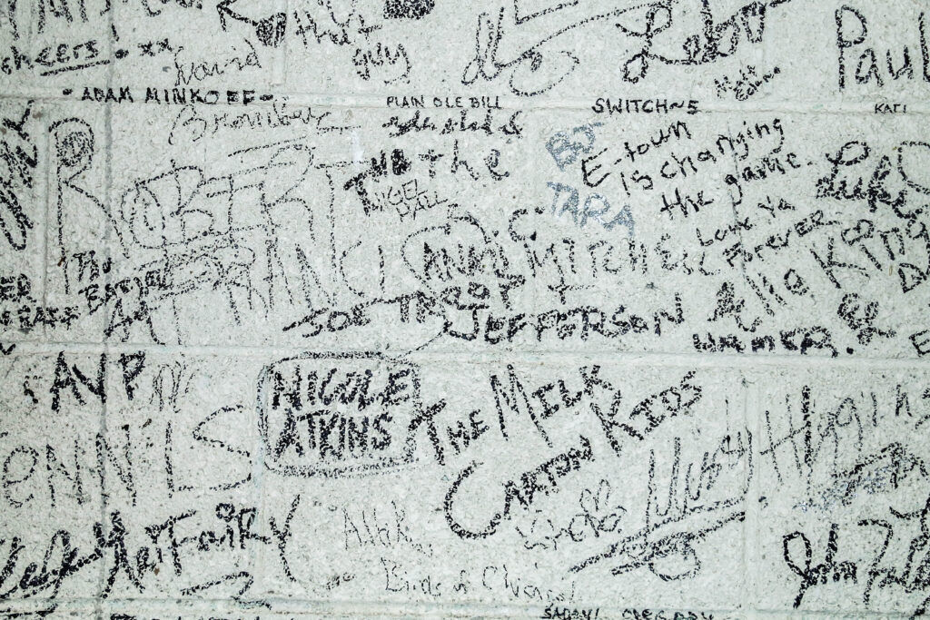 Artist signatures on a backstage wall at Boulder's eTown Hall on April 22, 2026. (John Moore/Denver Gazette)