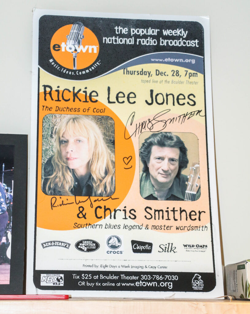 A Rickie Lee Jones appearance poster for eTown hangs on a backstage wall at Boulder's eTown Hall on April 22, 2026. (John Moore/Denver Gazette)
