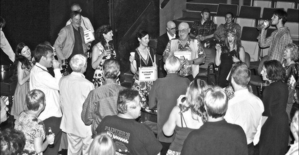 Ed Baierlein greets the cast of Germinal Stage-Denver's 'Offending the Audience' in 2013 (John Moore/Denver Gazette)