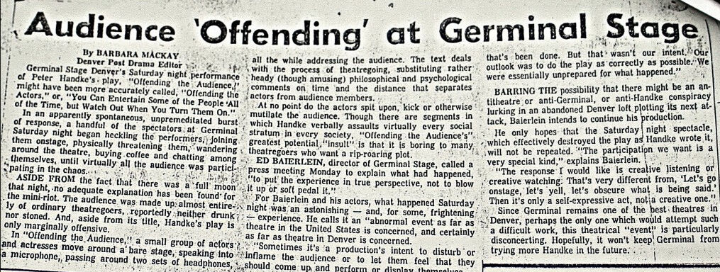 A 1976 Denver Post news report on an incident at Germinal Stage-Denver's 'Offending the Audience. (Screenshot)