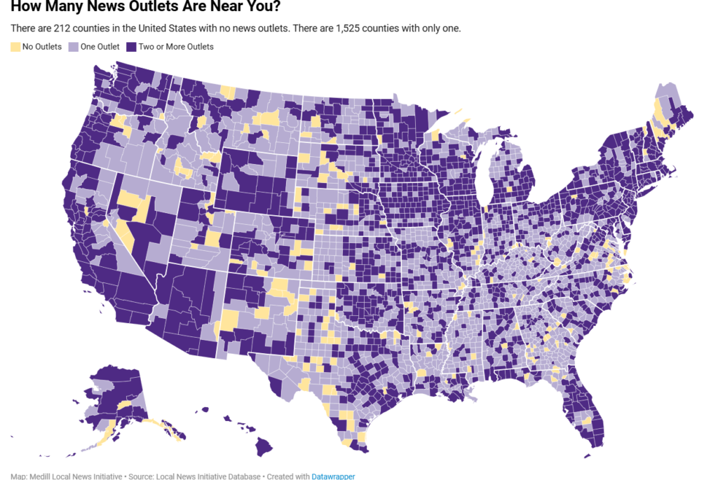 An interactive map that shows the decreasing presence of local news in America. (Screengrab from LocalNewsInitiative.Northwestern.edu)