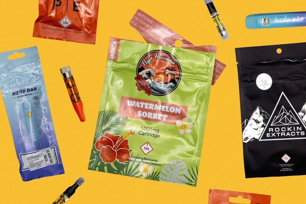 Various THC products rest on a background: four vapes, a Nerd Bar package, a Rockin Extracts package and a Flyin’ Hawaiian Watermelon Sorbet 1,000 mg cartridge package.