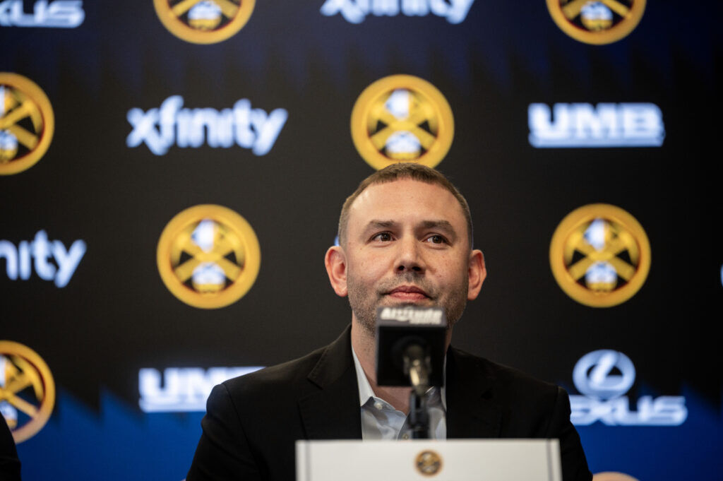 Nuggets Head Coach David Adelman answers questions from the media during an end of season press conference at Ball Arena on Friday, May 8, 2026. (Stephen Swofford, Denver Gazette)