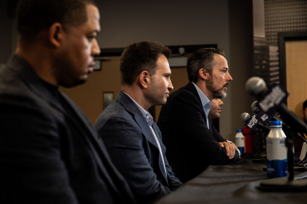 Josh Kroenke, Vice Chairman of KSE, answers questions from the media during an end of season press conference for the Nuggets at Ball Arena on Friday, May 8, 2026.
(Stephen Swofford, Denver Gazette)