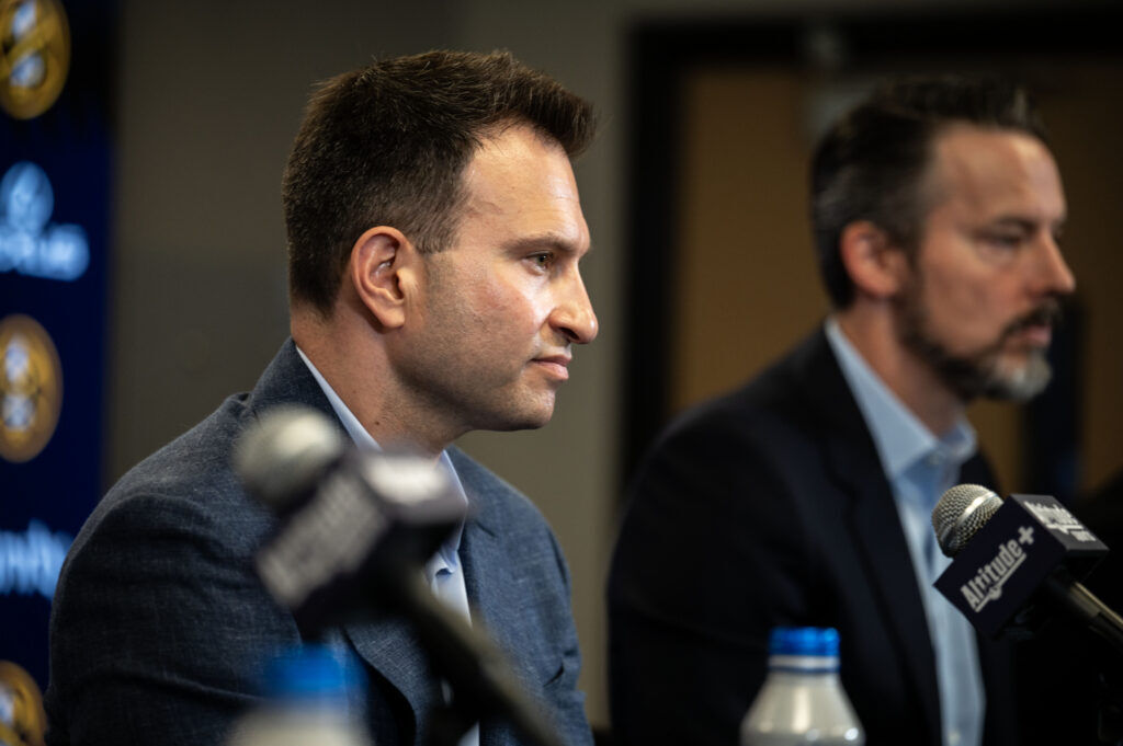 Ben Tenzer, Executive Vice President of Basketball Operations, answers questions from the media during an end of season press conference for the Nuggets at Ball Arena on Friday, May 8, 2026.
(Stephen Swofford, Denver Gazette)