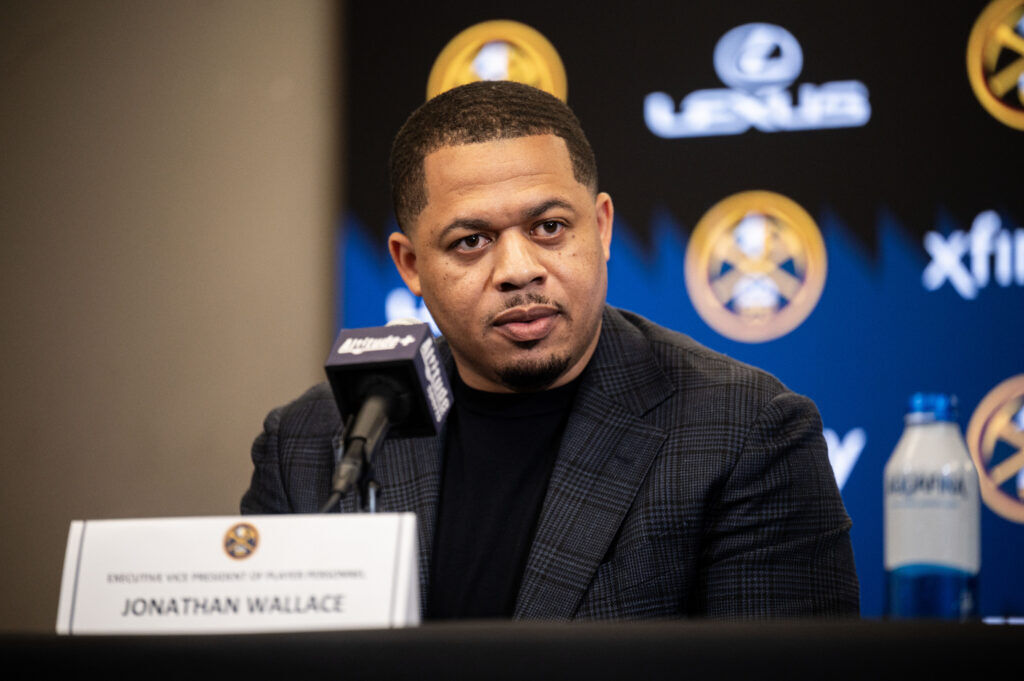 Jonathan Wallace, Executive Vice President of Player Personnel, answers questions from the media during an end of season press conference for the Nuggets at Ball Arena on Friday, May 8, 2026.
(Stephen Swofford, Denver Gazette)