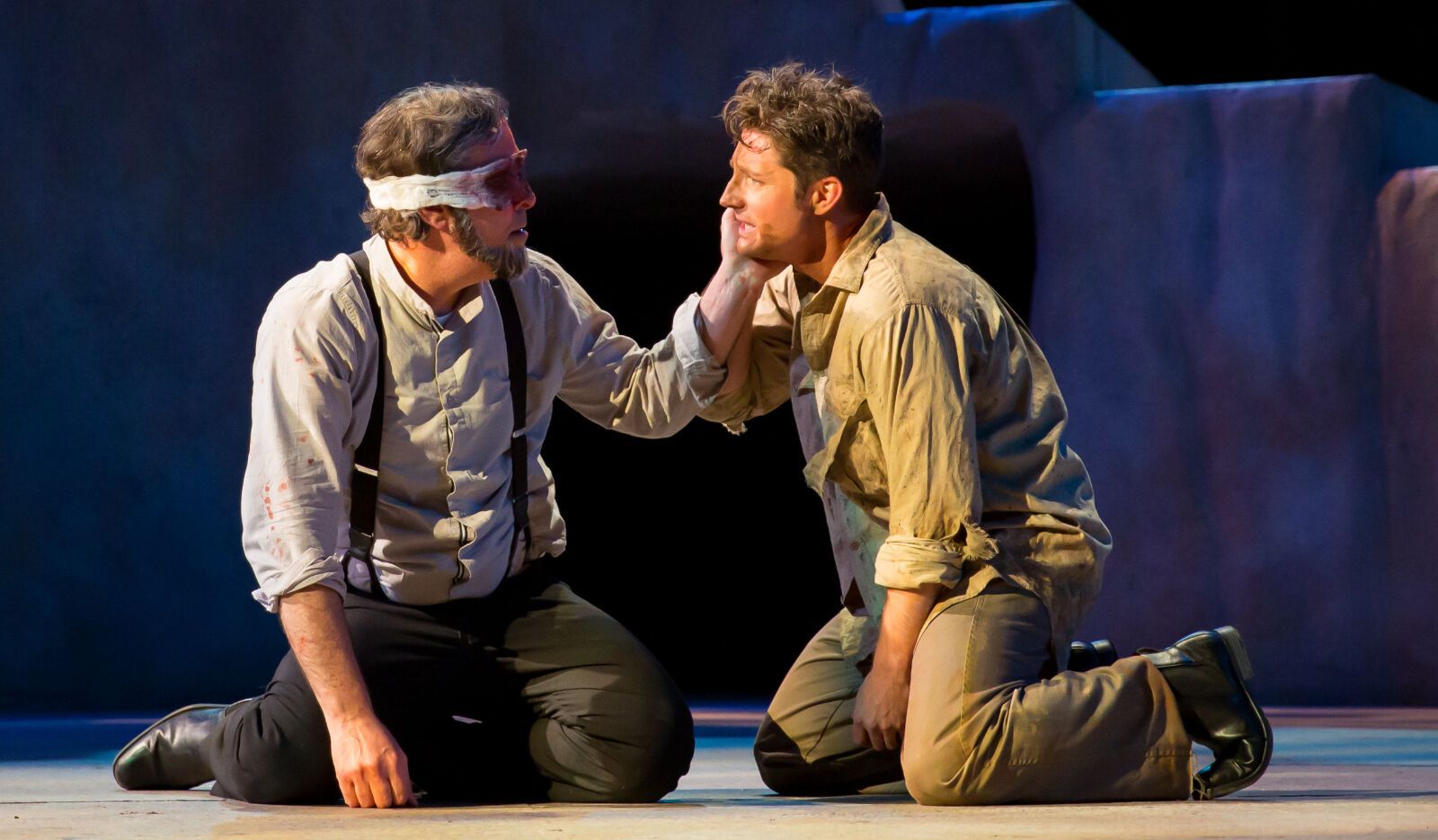 Sean Scrutchins, right, offers his blind father (Brik Berkes) some kindness but not the thing that would give him some true relief – his son's identity – in an emotionally rich 2024 staging of "King Lear" for the Colorado Shakespeare Festival.